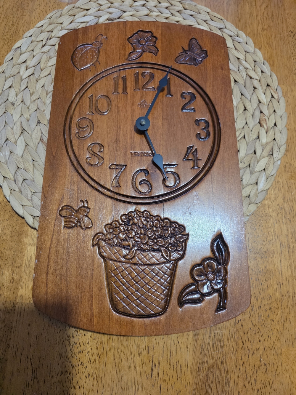 Wooden Brown Floral Carved Wall Clock Grandmacore Cottagecore